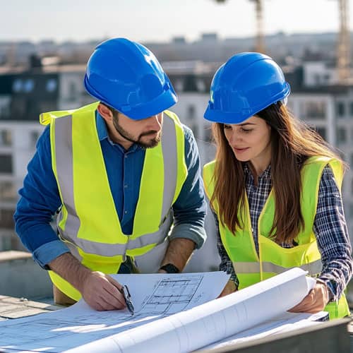 Discussion entre chefs de chantier autour des plans d’exécution